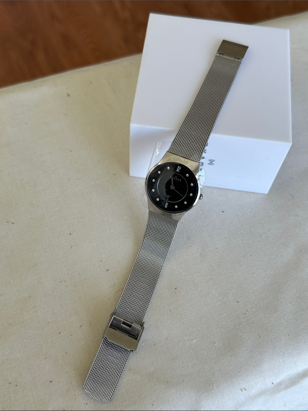 Skagen Silver Mesh Watch with Black Dial and Crystal Markers
